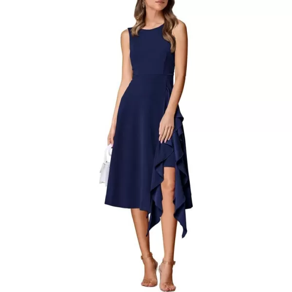 imagePRETTYGARDEN Womens Midi Summer Dresses Sleeveless Flared A Line Asymmetrical Ruffle Flowy Cocktail Party DressDark Blue