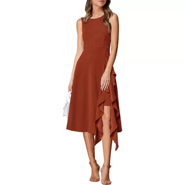 imagePRETTYGARDEN Womens Midi Summer Dresses Sleeveless Flared A Line Asymmetrical Ruffle Flowy Cocktail Party DressDark Brown