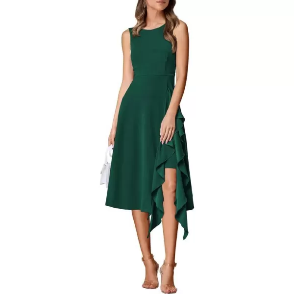 imagePRETTYGARDEN Womens Midi Summer Dresses Sleeveless Flared A Line Asymmetrical Ruffle Flowy Cocktail Party DressDark Green