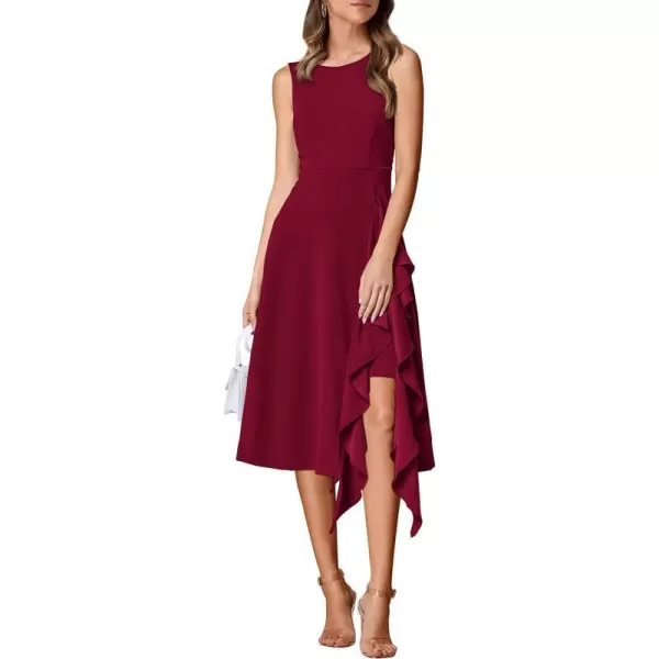 imagePRETTYGARDEN Womens Midi Summer Dresses Sleeveless Flared A Line Asymmetrical Ruffle Flowy Cocktail Party DressWine Red
