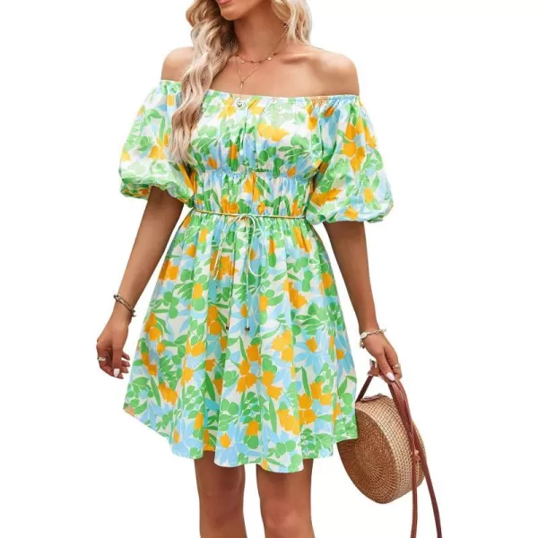 imagePRETTYGARDEN Womens Off The Shoulder Babydoll Dress Short Puff Sleeve Casual A Line Ruffle Summer DressesFloral Grass Green