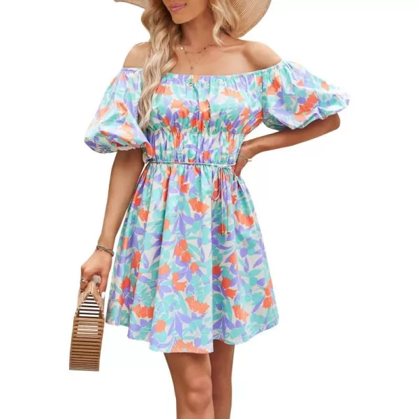 imagePRETTYGARDEN Womens Off The Shoulder Babydoll Dress Short Puff Sleeve Casual A Line Ruffle Summer DressesFloral Light Purple