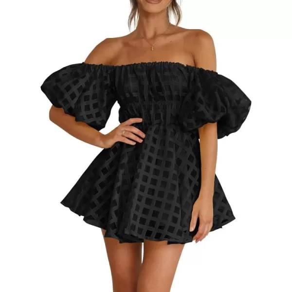 imagePRETTYGARDEN Womens Off The Shoulder Babydoll Dress Short Puff Sleeve Casual A Line Ruffle Summer DressesPlaid Black