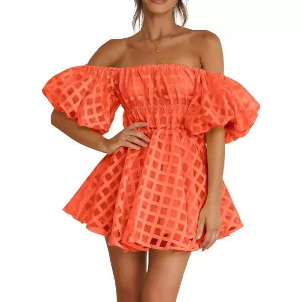 imagePRETTYGARDEN Womens Off The Shoulder Babydoll Dress Short Puff Sleeve Casual A Line Ruffle Summer DressesPlaid Orange
