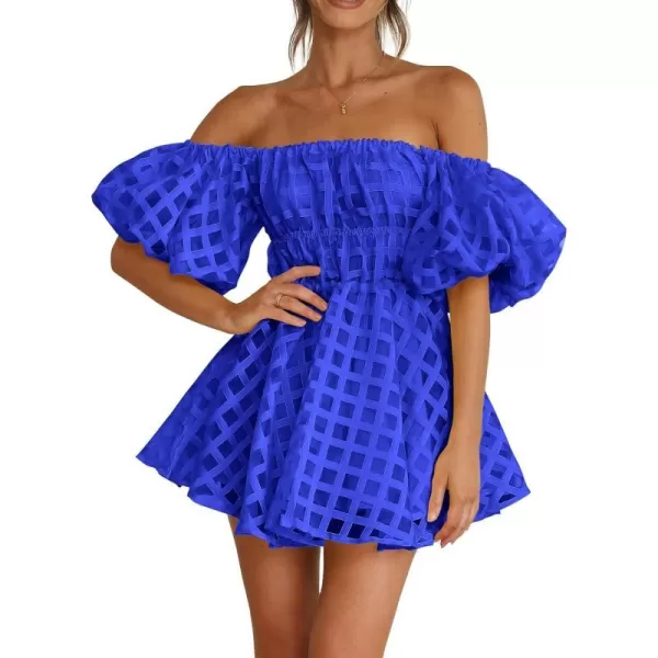 imagePRETTYGARDEN Womens Off The Shoulder Babydoll Dress Short Puff Sleeve Casual A Line Ruffle Summer DressesPlaid Royal Blue