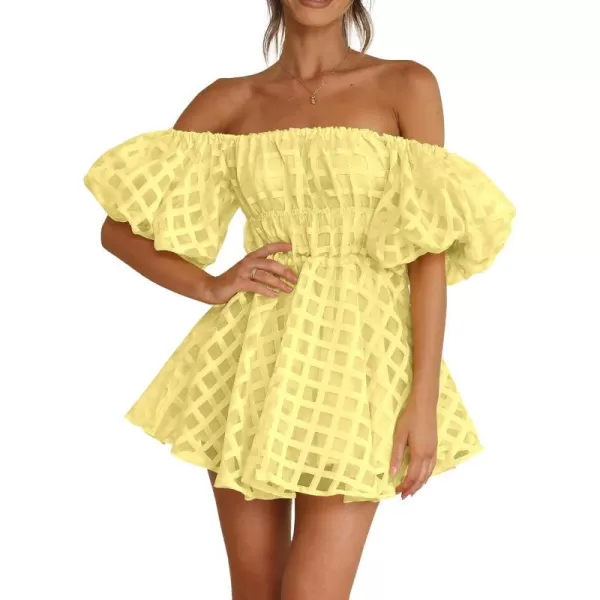 imagePRETTYGARDEN Womens Off The Shoulder Babydoll Dress Short Puff Sleeve Casual A Line Ruffle Summer DressesPlaid Yellow