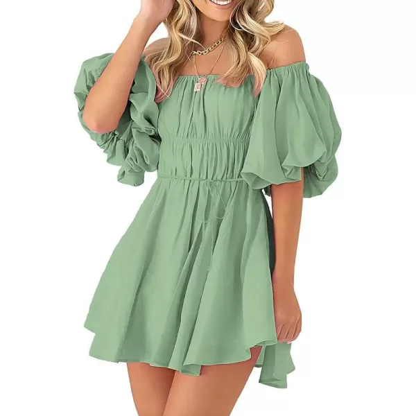 imagePRETTYGARDEN Womens Off The Shoulder Babydoll Dress Short Puff Sleeve Casual A Line Ruffle Summer DressesSolid Bean Green