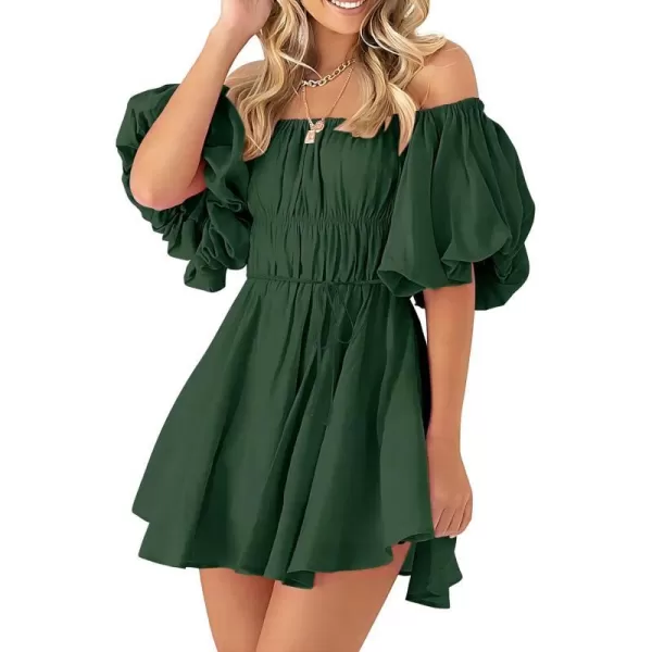 imagePRETTYGARDEN Womens Off The Shoulder Babydoll Dress Short Puff Sleeve Casual A Line Ruffle Summer DressesSolid Dark Army Green