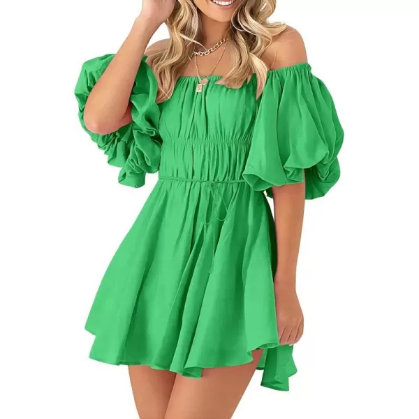 imagePRETTYGARDEN Womens Off The Shoulder Babydoll Dress Short Puff Sleeve Casual A Line Ruffle Summer DressesSolid Green