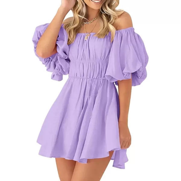 imagePRETTYGARDEN Womens Off The Shoulder Babydoll Dress Short Puff Sleeve Casual A Line Ruffle Summer DressesSolid Light Purple