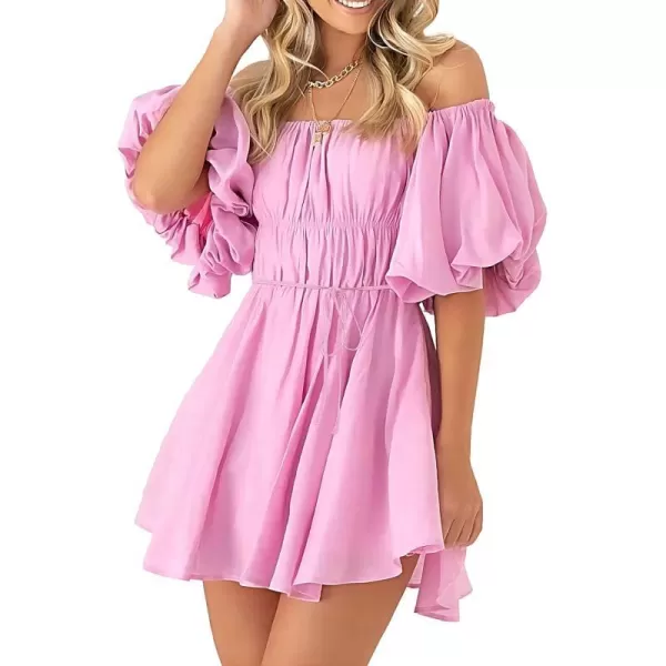 imagePRETTYGARDEN Womens Off The Shoulder Babydoll Dress Short Puff Sleeve Casual A Line Ruffle Summer DressesSolid Pink