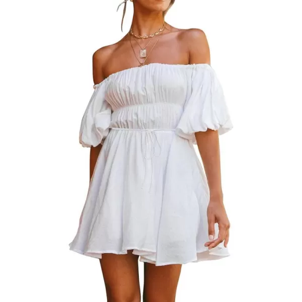 imagePRETTYGARDEN Womens Off The Shoulder Babydoll Dress Short Puff Sleeve Casual A Line Ruffle Summer DressesSolid White