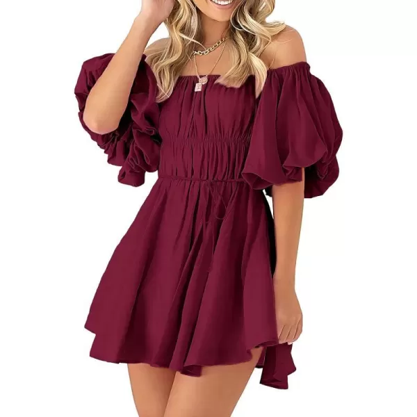 imagePRETTYGARDEN Womens Off The Shoulder Babydoll Dress Short Puff Sleeve Casual A Line Ruffle Summer DressesSolid Wine Red