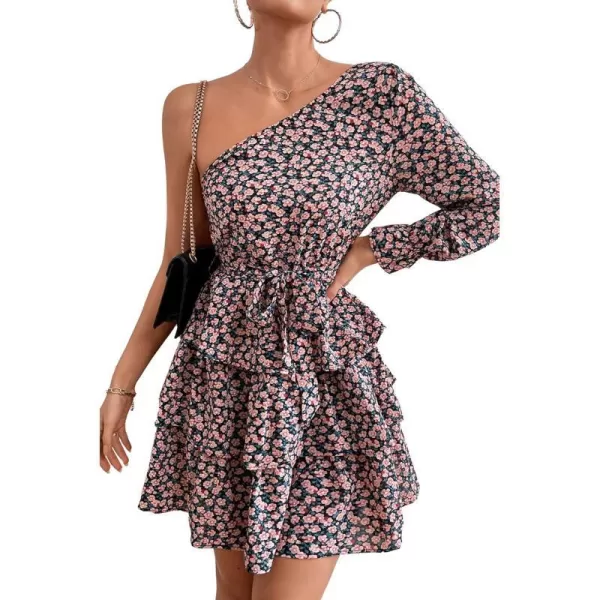 imagePRETTYGARDEN Womens One Shoulder Boho Floral Dress Elastic Waist Tiered Ruffle A Line Flowy Mini Belted DressesFloral Black Pink