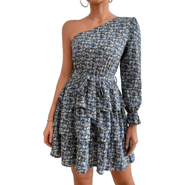 imagePRETTYGARDEN Womens One Shoulder Boho Floral Dress Elastic Waist Tiered Ruffle A Line Flowy Mini Belted DressesFloral Blue
