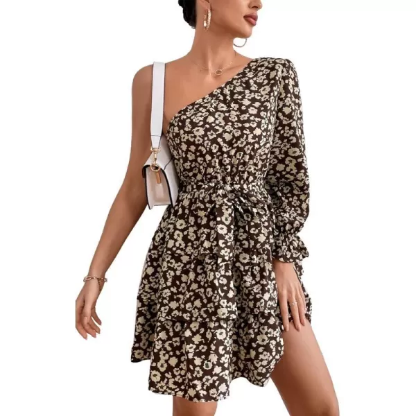 imagePRETTYGARDEN Womens One Shoulder Boho Floral Dress Elastic Waist Tiered Ruffle A Line Flowy Mini Belted DressesFloral Coffee Apricot