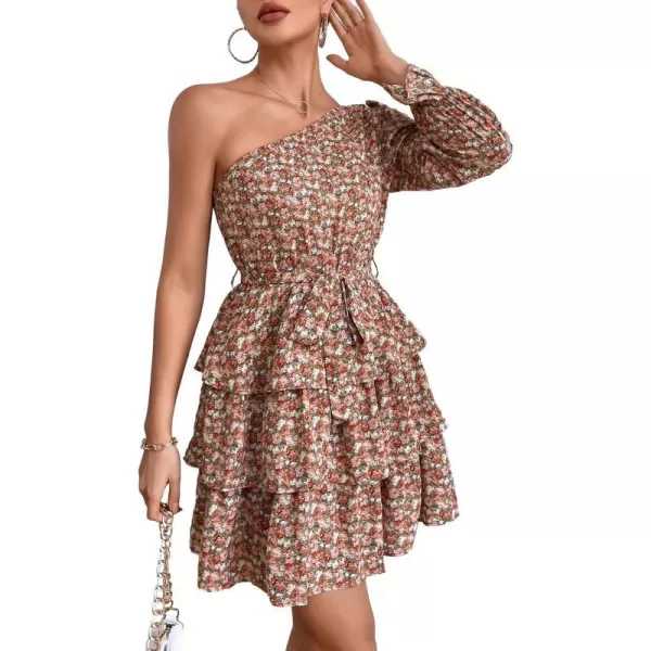 imagePRETTYGARDEN Womens One Shoulder Boho Floral Dress Elastic Waist Tiered Ruffle A Line Flowy Mini Belted DressesFloral Pink