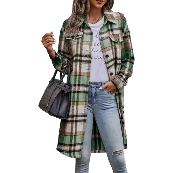 imagePRETTYGARDEN Womens Plaid Shacket 2024 Long Sleeve Button Up Flannel Shirt Winter Tartan Jacket Woolen CoatsGreen