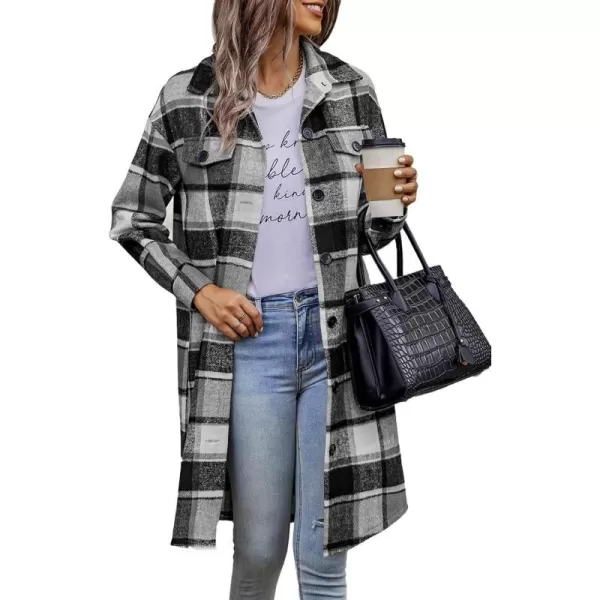 imagePRETTYGARDEN Womens Plaid Shacket 2024 Long Sleeve Button Up Flannel Shirt Winter Tartan Jacket Woolen CoatsGrey