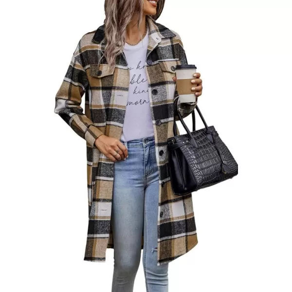 imagePRETTYGARDEN Womens Plaid Shacket 2024 Long Sleeve Button Up Flannel Shirt Winter Tartan Jacket Woolen CoatsKhaki