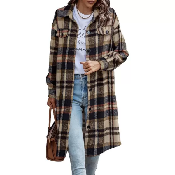 imagePRETTYGARDEN Womens Plaid Shacket 2024 Long Sleeve Button Up Flannel Shirt Winter Tartan Jacket Woolen CoatsNavy