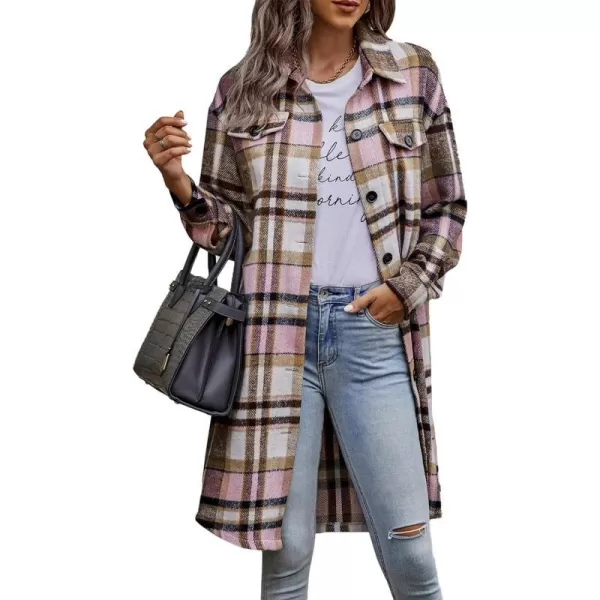 imagePRETTYGARDEN Womens Plaid Shacket 2024 Long Sleeve Button Up Flannel Shirt Winter Tartan Jacket Woolen CoatsPink