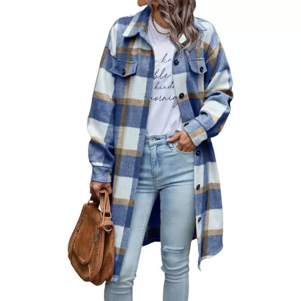 imagePRETTYGARDEN Womens Plaid Shacket 2024 Long Sleeve Button Up Flannel Shirt Winter Tartan Jacket Woolen CoatsPlaid Blue White