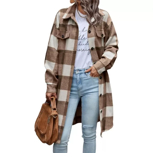 imagePRETTYGARDEN Womens Plaid Shacket 2024 Long Sleeve Button Up Flannel Shirt Winter Tartan Jacket Woolen CoatsPlaid Brown