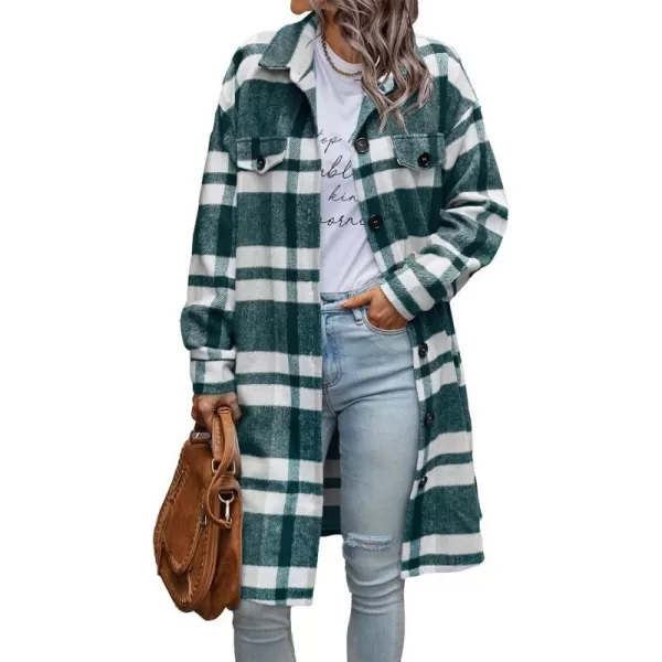 imagePRETTYGARDEN Womens Plaid Shacket 2024 Long Sleeve Button Up Flannel Shirt Winter Tartan Jacket Woolen CoatsPlaid Dark Green