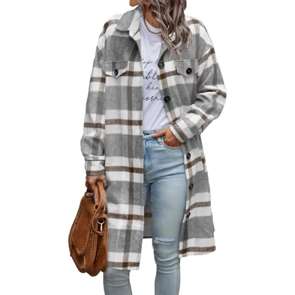 imagePRETTYGARDEN Womens Plaid Shacket 2024 Long Sleeve Button Up Flannel Shirt Winter Tartan Jacket Woolen CoatsPlaid Grey