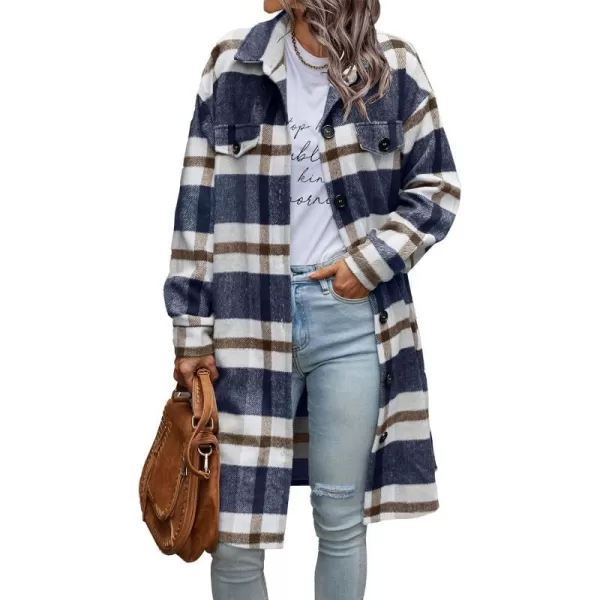 imagePRETTYGARDEN Womens Plaid Shacket 2024 Long Sleeve Button Up Flannel Shirt Winter Tartan Jacket Woolen CoatsPlaid Navy