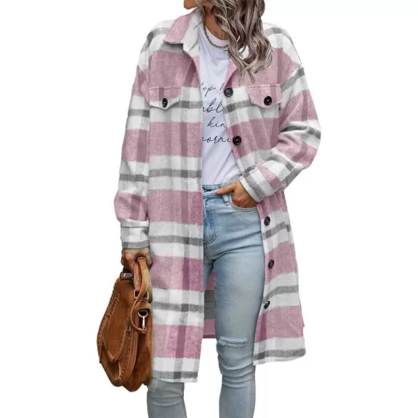imagePRETTYGARDEN Womens Plaid Shacket 2024 Long Sleeve Button Up Flannel Shirt Winter Tartan Jacket Woolen CoatsPlaid Pink
