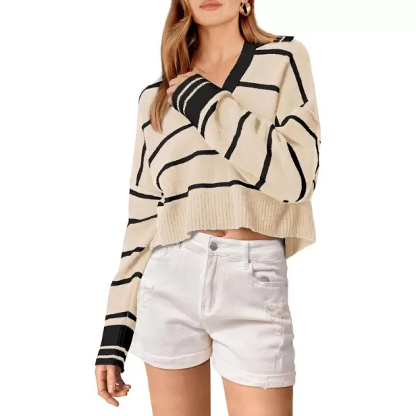 imagePRETTYGARDEN Womens Pullover Striped Sweaters Casual Lapel V Neck Long Sleeve Ribbed Knit Loose Jumper TopBeige