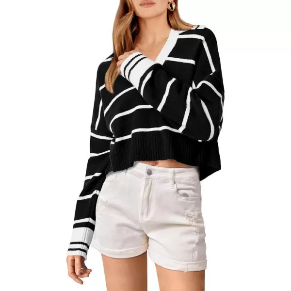 imagePRETTYGARDEN Womens Pullover Striped Sweaters Casual Lapel V Neck Long Sleeve Ribbed Knit Loose Jumper TopBlack