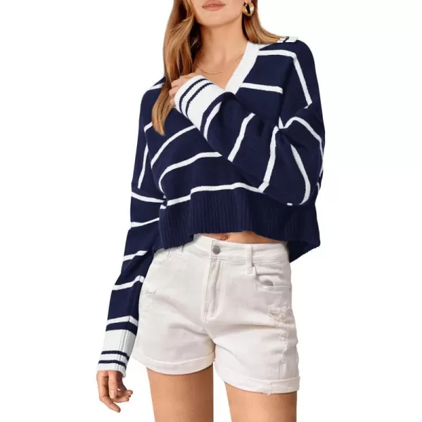 imagePRETTYGARDEN Womens Pullover Striped Sweaters Casual Lapel V Neck Long Sleeve Ribbed Knit Loose Jumper TopDark Blue