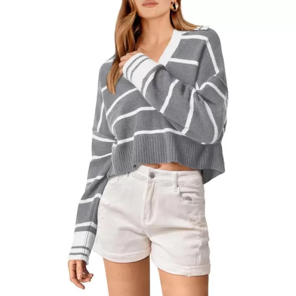 imagePRETTYGARDEN Womens Pullover Striped Sweaters Casual Lapel V Neck Long Sleeve Ribbed Knit Loose Jumper TopGrey