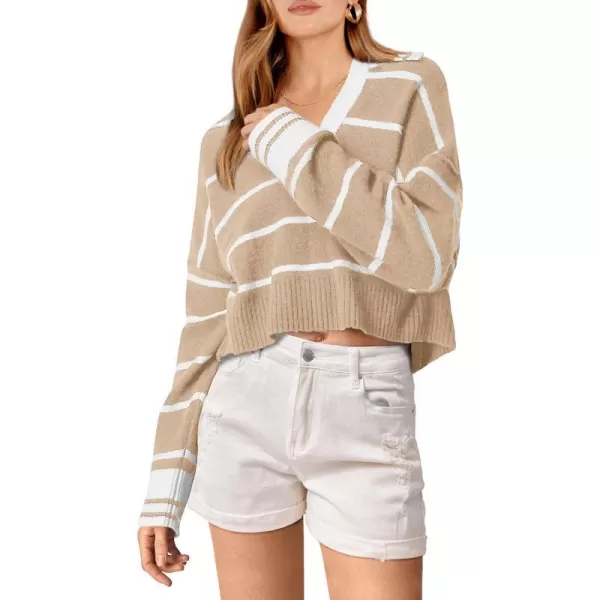 imagePRETTYGARDEN Womens Pullover Striped Sweaters Casual Lapel V Neck Long Sleeve Ribbed Knit Loose Jumper TopLight Khaki