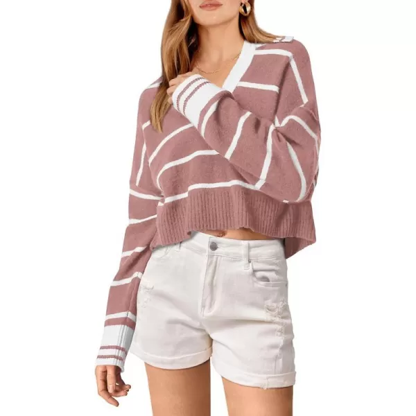 imagePRETTYGARDEN Womens Pullover Striped Sweaters Casual Lapel V Neck Long Sleeve Ribbed Knit Loose Jumper TopPink