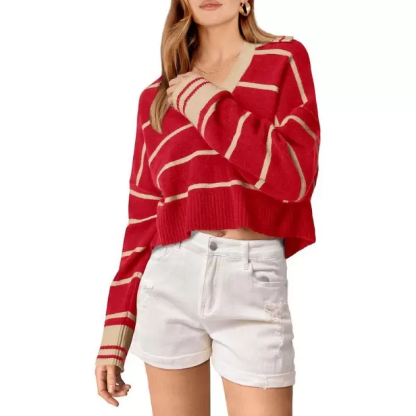 imagePRETTYGARDEN Womens Pullover Striped Sweaters Casual Lapel V Neck Long Sleeve Ribbed Knit Loose Jumper TopRed