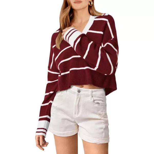 imagePRETTYGARDEN Womens Pullover Striped Sweaters Casual Lapel V Neck Long Sleeve Ribbed Knit Loose Jumper TopWine Red