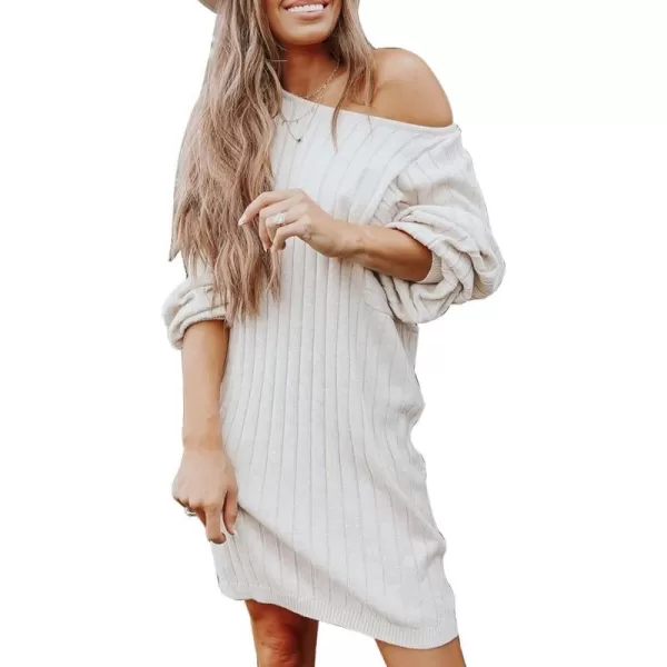 imagePRETTYGARDEN Womens Pullover Sweater Dresses Casual Long Sleeve Ribbed Knit Crewneck Loose Oversized SweatersBeige White