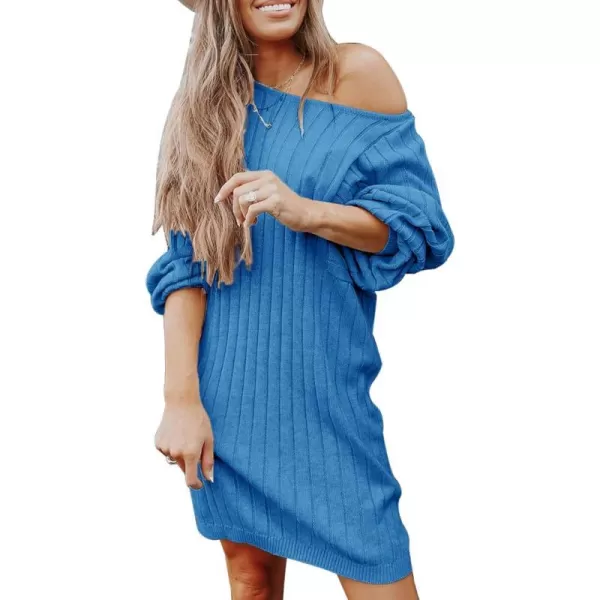 imagePRETTYGARDEN Womens Pullover Sweater Dresses Casual Long Sleeve Ribbed Knit Crewneck Loose Oversized SweatersBlue