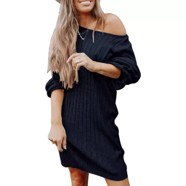 imagePRETTYGARDEN Womens Pullover Sweater Dresses Casual Long Sleeve Ribbed Knit Crewneck Loose Oversized SweatersNavy