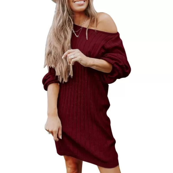 imagePRETTYGARDEN Womens Pullover Sweater Dresses Casual Long Sleeve Ribbed Knit Crewneck Loose Oversized SweatersWine Red