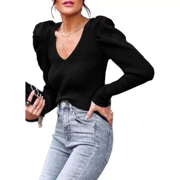 imagePRETTYGARDEN Womens Rib Knit Pullover Sweater Casual Long Puff Sleeve V Neck Solid Color Jumper Blouse TopsBlack
