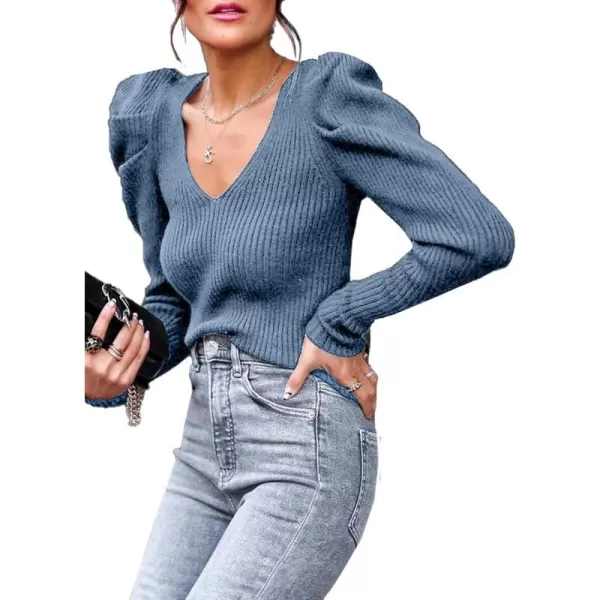imagePRETTYGARDEN Womens Rib Knit Pullover Sweater Casual Long Puff Sleeve V Neck Solid Color Jumper Blouse TopsBlue Grey