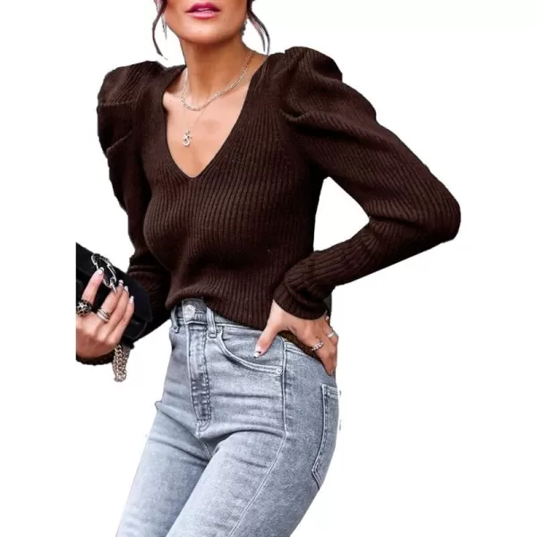 imagePRETTYGARDEN Womens Rib Knit Pullover Sweater Casual Long Puff Sleeve V Neck Solid Color Jumper Blouse TopsBrown
