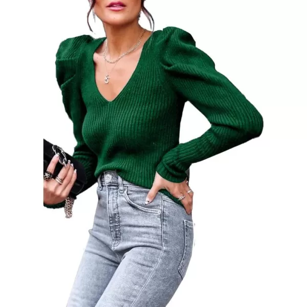 imagePRETTYGARDEN Womens Rib Knit Pullover Sweater Casual Long Puff Sleeve V Neck Solid Color Jumper Blouse TopsDark Green