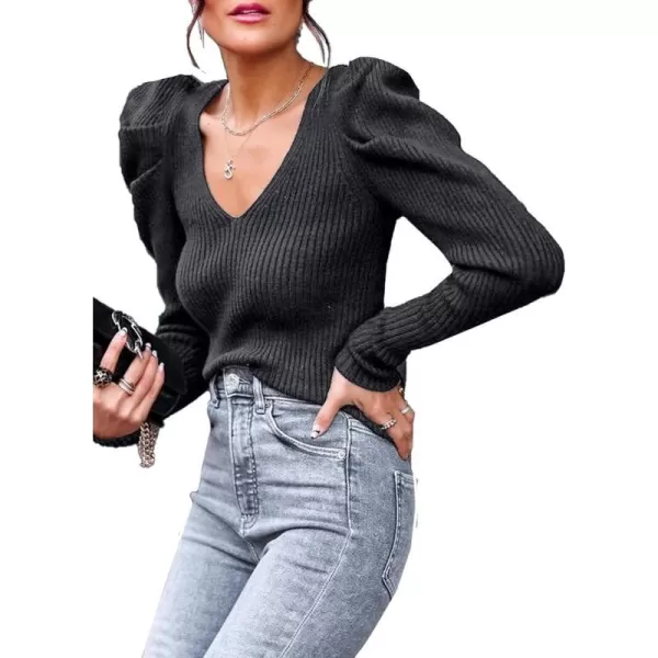 imagePRETTYGARDEN Womens Rib Knit Pullover Sweater Casual Long Puff Sleeve V Neck Solid Color Jumper Blouse TopsDark Grey