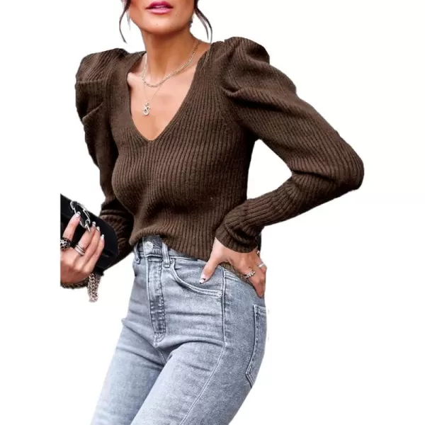 imagePRETTYGARDEN Womens Rib Knit Pullover Sweater Casual Long Puff Sleeve V Neck Solid Color Jumper Blouse TopsLight Camel